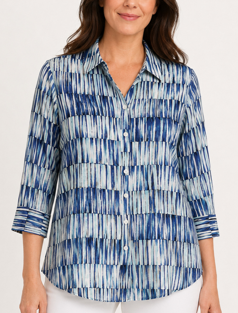 Chico’s Wrinkle Resistant Shirt Women Large Blue Abstract Print Cotton Button Up